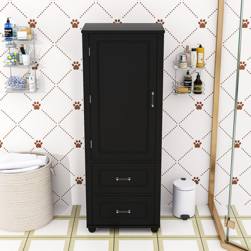 Freestanding 2 Drawers Tall Bathroom Storage Cabinet with Adjustable Shelves, Black