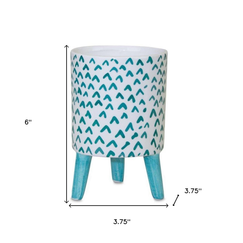 Set of Two Aqua Teal And White Ceramic 2 Ounce Chevron Round Distressed Pot Planters