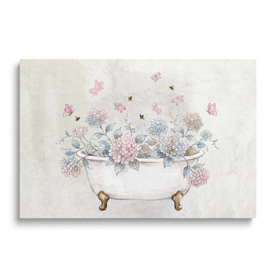 Nature morte multicolore sur toile, peinture à l'huile représentant une baignoire et des hortensias, idéale pour le salon, la salle à manger et la chambre.