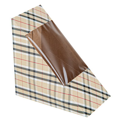 Restaurantware-Cafe Vision 4.8 x 2.8 Inch Sandwich Paper Boxes, 25 Medium Sandwich Wedge Boxes - With Window, Disposable, Plaid Paper Triangle Sandwich Containers, Grease-Impervious Lining