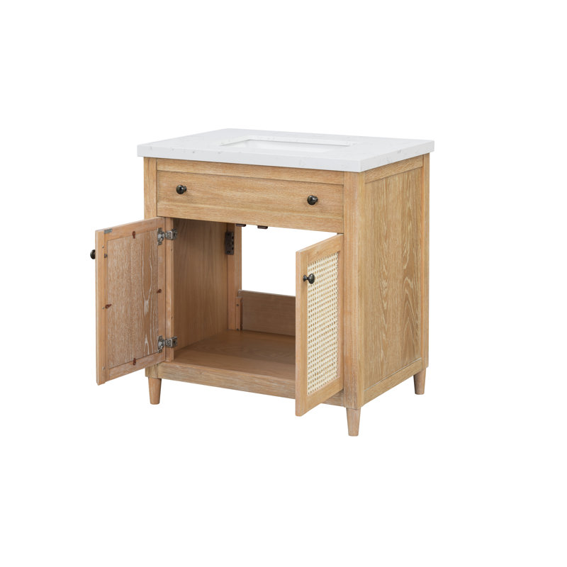 31” Cane Paneled Bathroom Vanity With Engineered Stone Top