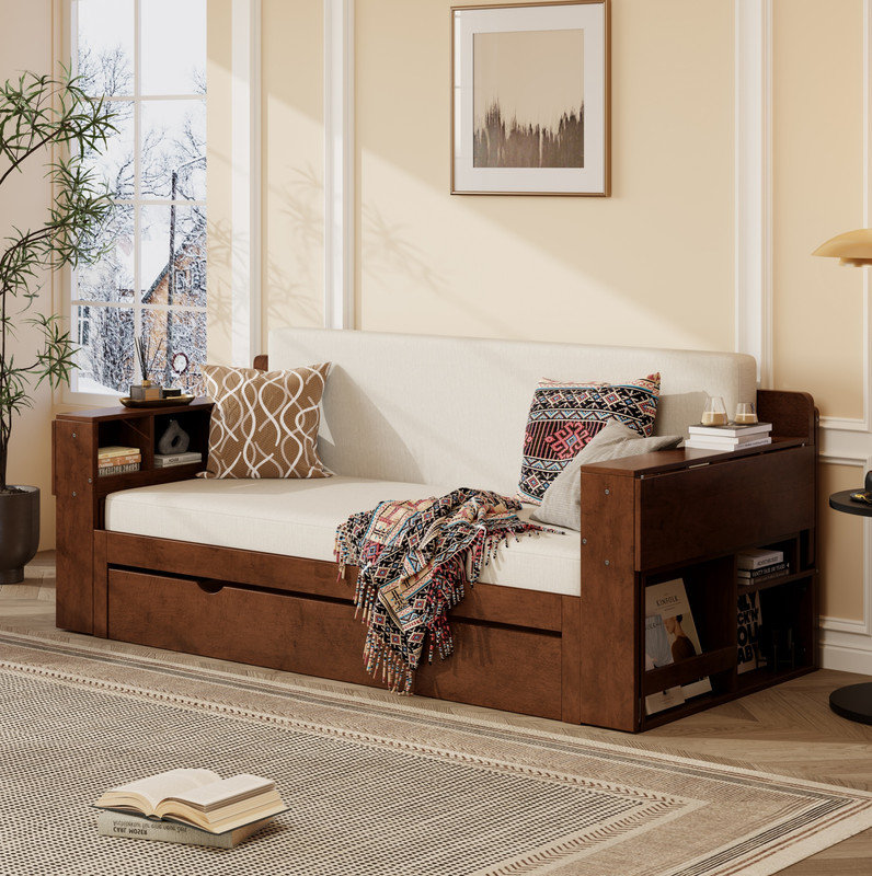 Queen Size Daybed with Removable Desk, Storage Drawers & Hydraulic Side Table, Espresso, Queen , Brown
