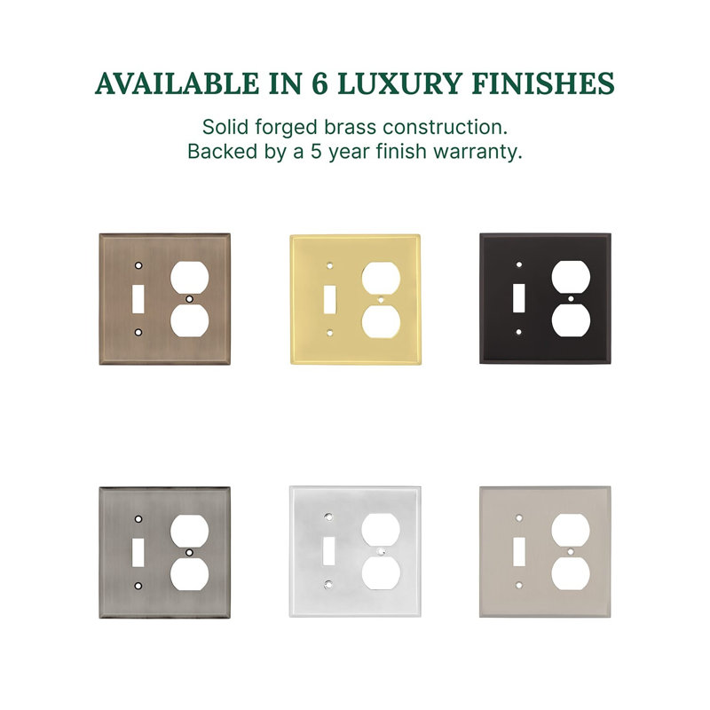 New York 2-Gang Duplex Outlet / Toggle Light Switch Combination Wall Plate, Unlacquered Brass