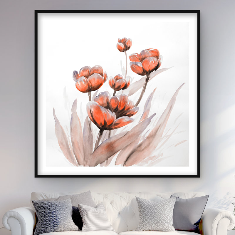 Aquarelle de fleurs sauvages - décor romantique rouge encadré