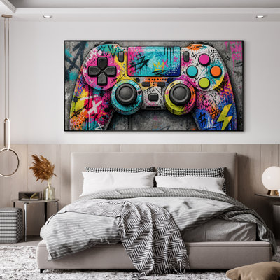 Très grand art mural imprimé sur tissu - contrôleur de jeu bleu Pop Art, décoration de salle de jeu - «Assemblage requis du cadre (cadre non fini)»