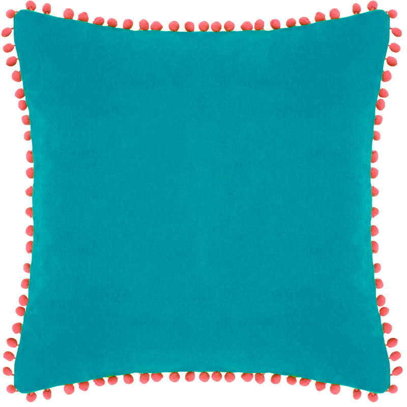 Velvet Pompom Velvet Pom Pom Feather Filled Cushion, Teal