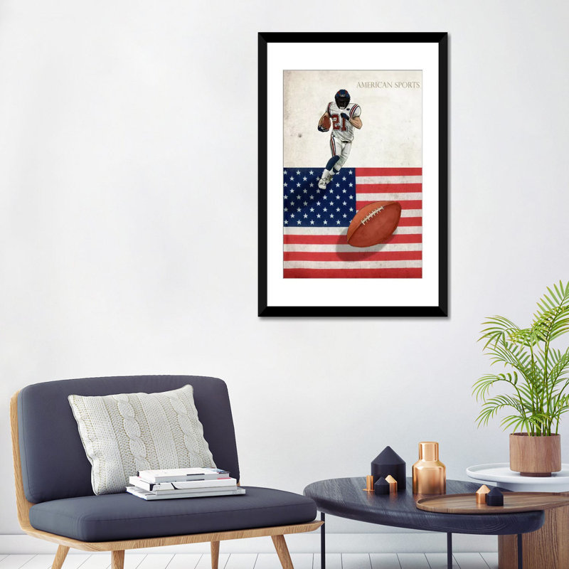 «Football I» - Reproduction de souvenirs sur toile tendue, H 24 po x l 16 po x P 1 po, Papier d'art encadré noir, Blanc