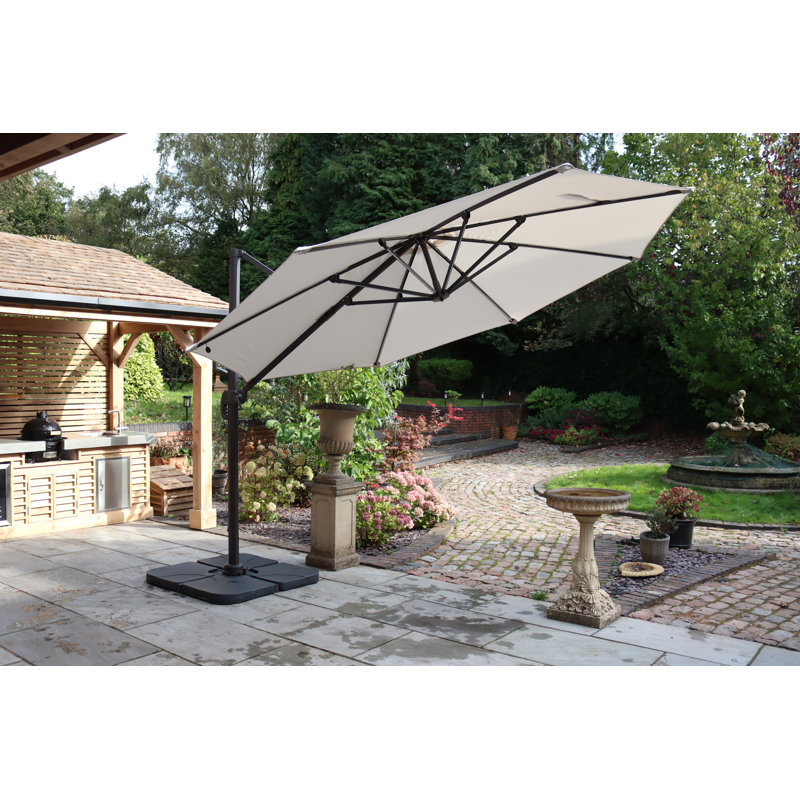 3.5m LED Cantilever Over Hanging Parasol - 56 LED strip lights This parasol is made using Polyester Fabric which has a Weather-Proof Coating & UPF Sun Protection Level 50