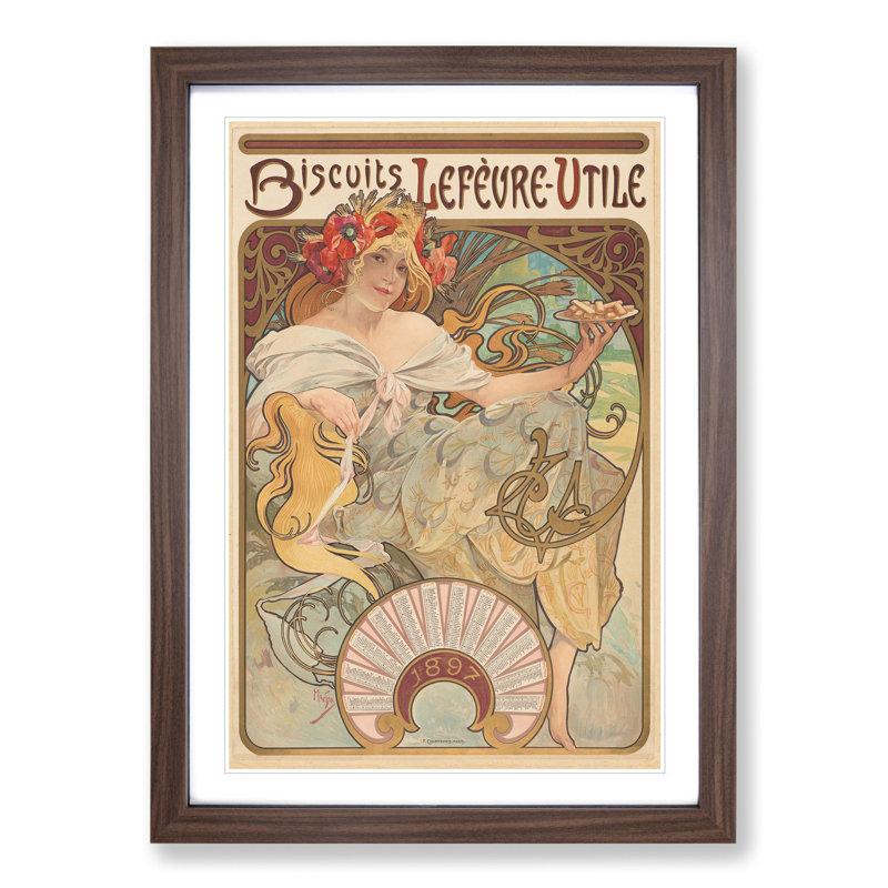 Biscuits Lefevre by Alphonse Mucha - Picture Frame Graphic Art, Walnut, 65cm H x 48cm W x 2cm D