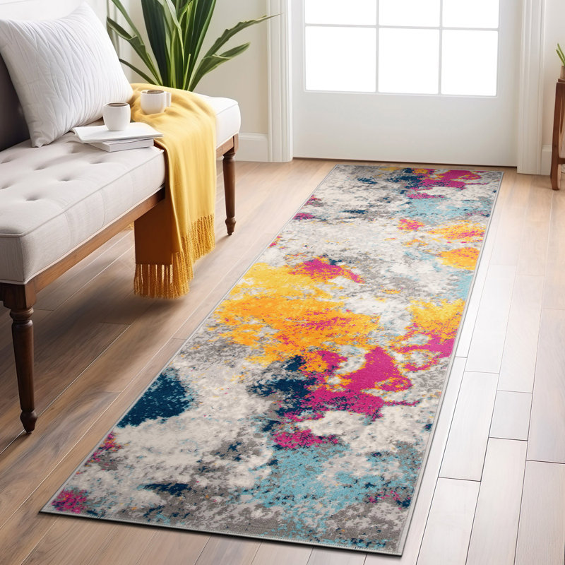Noires Abstract Ivory/Gray/Blue Area Rug, Runner 2'7" x 8'
