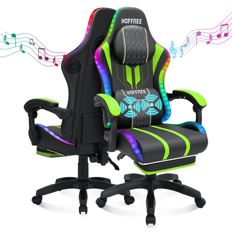 Inbox Zero Ergonomic Gaming Chair with Speakers RGB LED Lights and Massage, Green