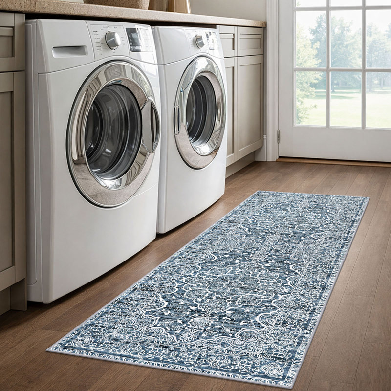  Tapis lavables à la machine avec envers en caoutchouc pour le salon, Blue/White, Tapis de couloir 2 pi x 5 pi