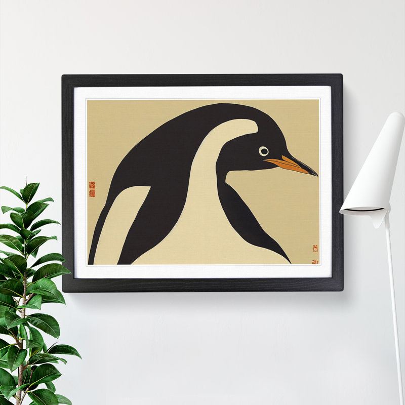 XH1022-6874X Penguin Japanese Abstract - Single Picture Frame Print, Black, 25cm H x 34cm W x 2cm D
