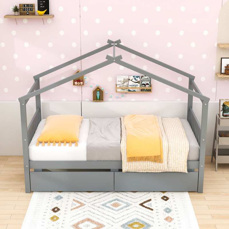 Arlando Twin Size House Bed with Storage Drawers, Gray