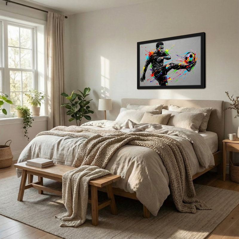 Joueur de soccer coloré en action avec ballon, H 24 po x l 36 po
