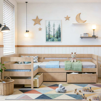 Twin Size L-shaped Platform Bed with Three Storage Drawers