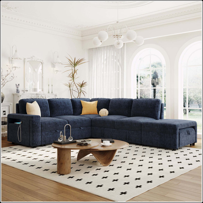 L-shaped Padded Modular Sofa with Storage Space, Blue