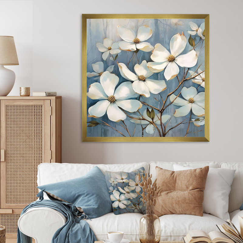 Blanc et gris Dogwood Elegance II sur toile, Encadrement doré, H 24 po x l 24 po x P 1 po