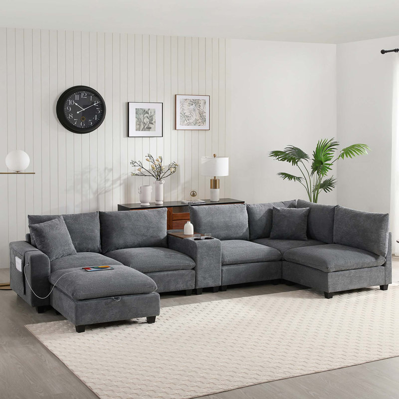 Canapé modulaire en U avec repose-pieds avec rangement et charge USB, Velours côtelé - Gris