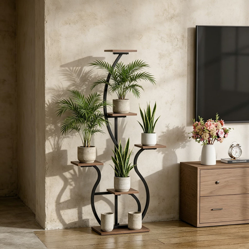 Support à plantes en forme de S à 6 niveaux avec lumière de croissance à spectre complet, grande tablette d'angle intérieure pour plusieurs plantes, support à fleurs robuste pour le salon, le patio et le balcon