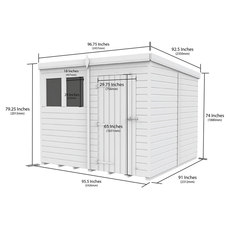 8ft x 8ft Pent Shed - Single Door with Windows