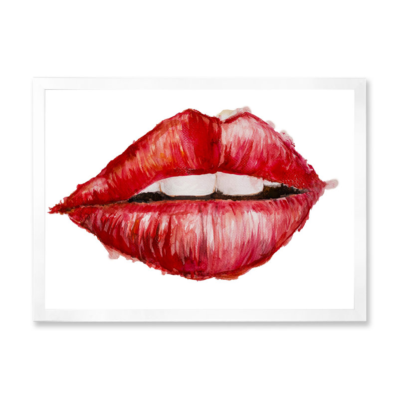 Valentines Day Red Woman Lips - peinture sur toile, H 24 po x l 32 po x P 1 po, Cadre photo blanc