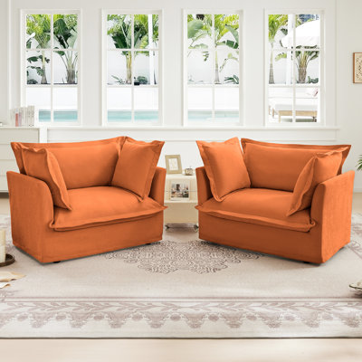 2 - Seat Orange Armchairs With Removable Slipcovers, Breathable Chenille And Comfortable High Density Cushions Of Back Pillows, Spacious Seating Natural Stitching Design
