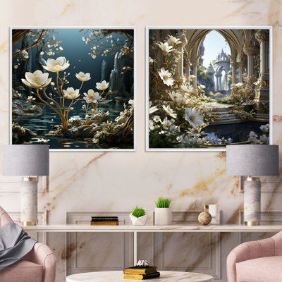 Gilded Snowdrops River - Floral Square Collage Set Of 2