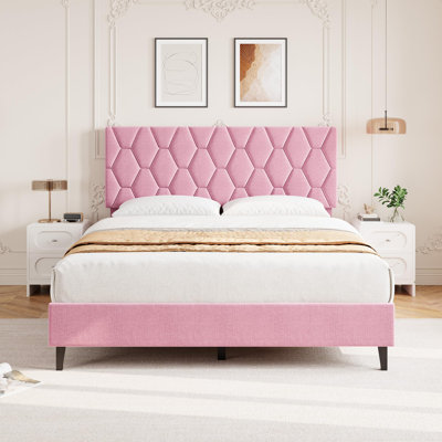 Full Size Bed Frame with Adjustable Upholstered Headboard, Strong Wood Slats, No Box Spring Needed