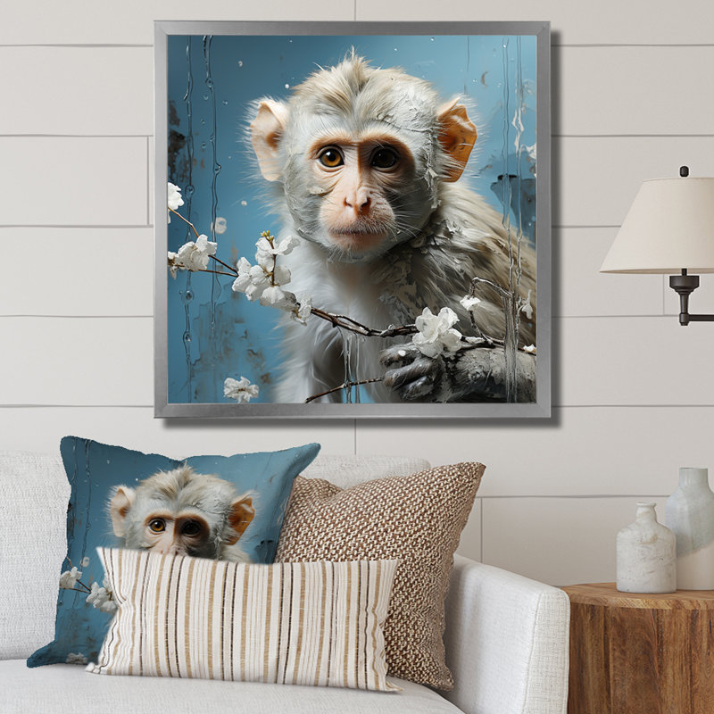 «White», singe polaire, voyage II - art mural singe, H 16 po x l 16 po x P 1 po, Cadre simple argenté