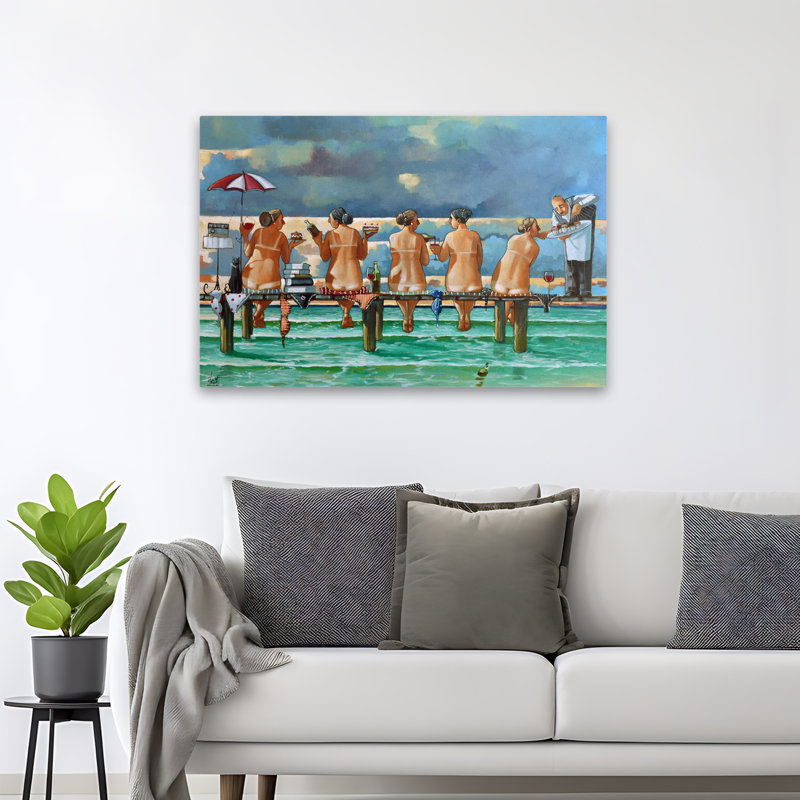 Friends on the Jetty - Art figuratif, cuisine, plage, nus, art, H 32 po x l 48 po