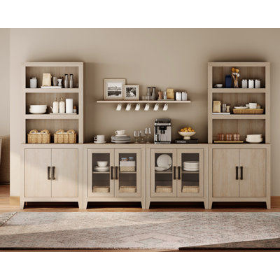 Modular Kitchen Pantry With 2 Glass Doors And 2 Wood Doors, 74.2" Tall Wood Open Storage Cupboard, Farmhouse Pantry Cabinet With Adjustable Shelf For Dining Room, Living Room, Beige
