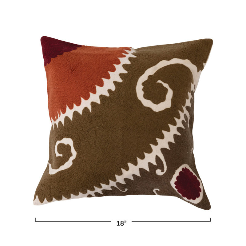 Suzani Embroidered Cotton Square Pillow, 18"