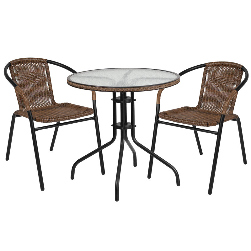 28'' Round Metal Table with Rattan Edging and 2 Rattan Stack Chairs, Dark Brown
