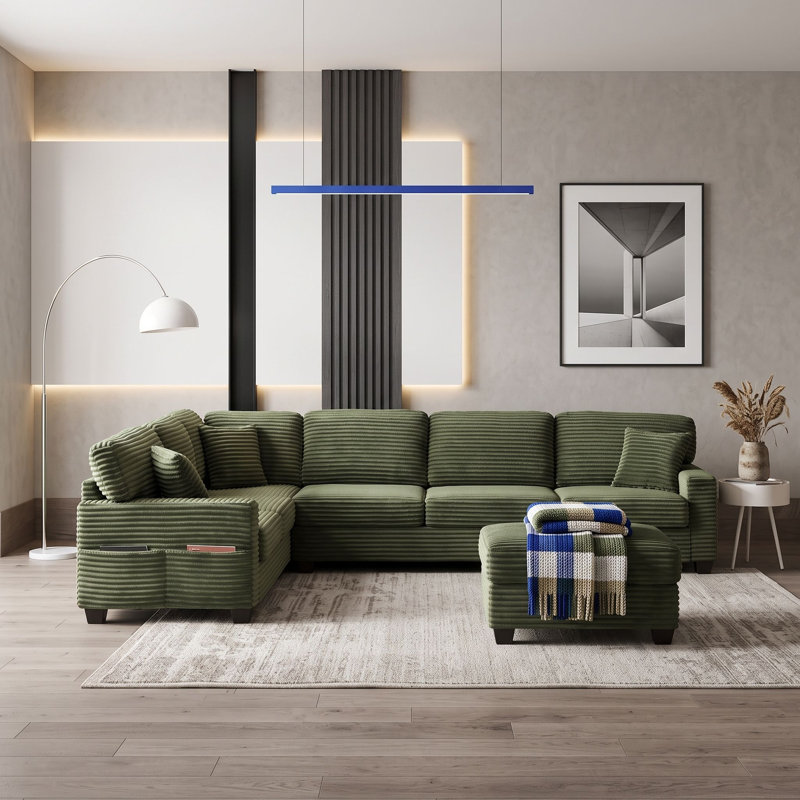 Canapé de coin en velours côtelé 6 places avec pouf amovible, Vert
