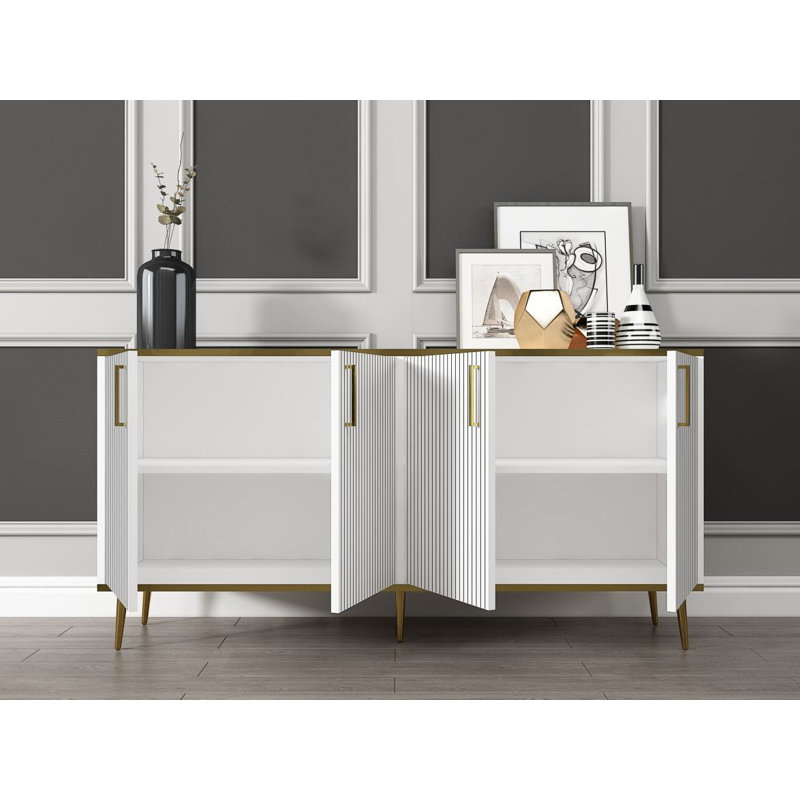 Console moderne blanche de 59,1 po x 29,5 po x 14,2 po | 100% panneau de particules enduit de mélamine, épaisseur: 0,7 pouce | Conception polyvalente avec de nombreuses tablettes, fixation murale, style scandinave pour la maison ou le bureau