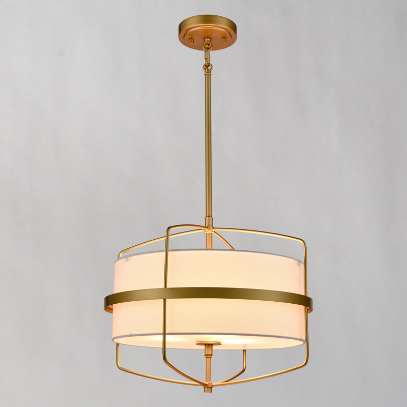 Bronze Pendant Light with Drum Fabric Shade 3-Light, Gold