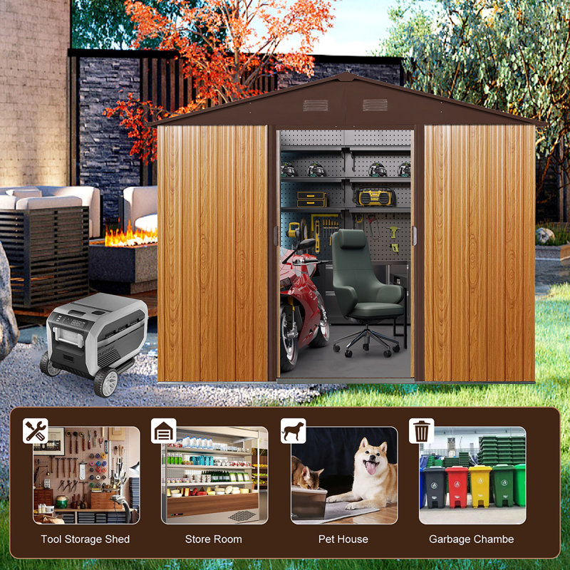 8ft x 6ft Coffee Iron Outdoor Storage Shed with Floor Base