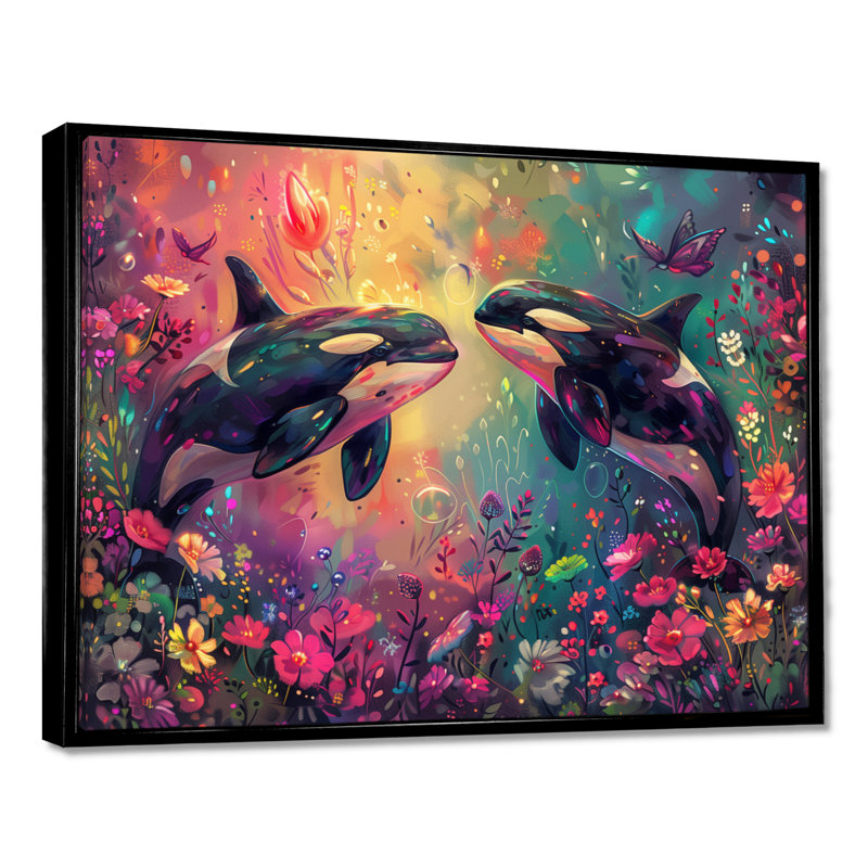 Black Orca Swimming Paradise Dream II - Whale Animal Wall Decor, 34'' H x 44'' W, Black Floater Framed