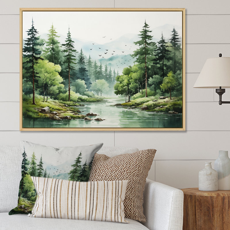 Tranquil Forêts, paysage I, art mural forêt pour le salon, H 16 po x l 32 po x P 1 po, Cadre flottant érable