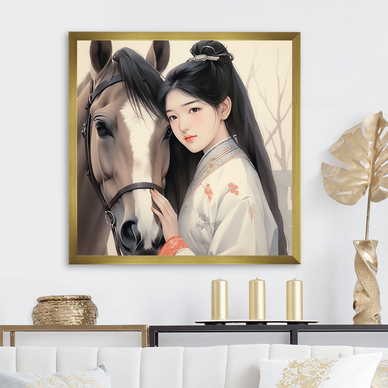 Kimono japonais, femme et cheval, Cadre doré simple, H 30 po x l 30 po x P 1,5 po