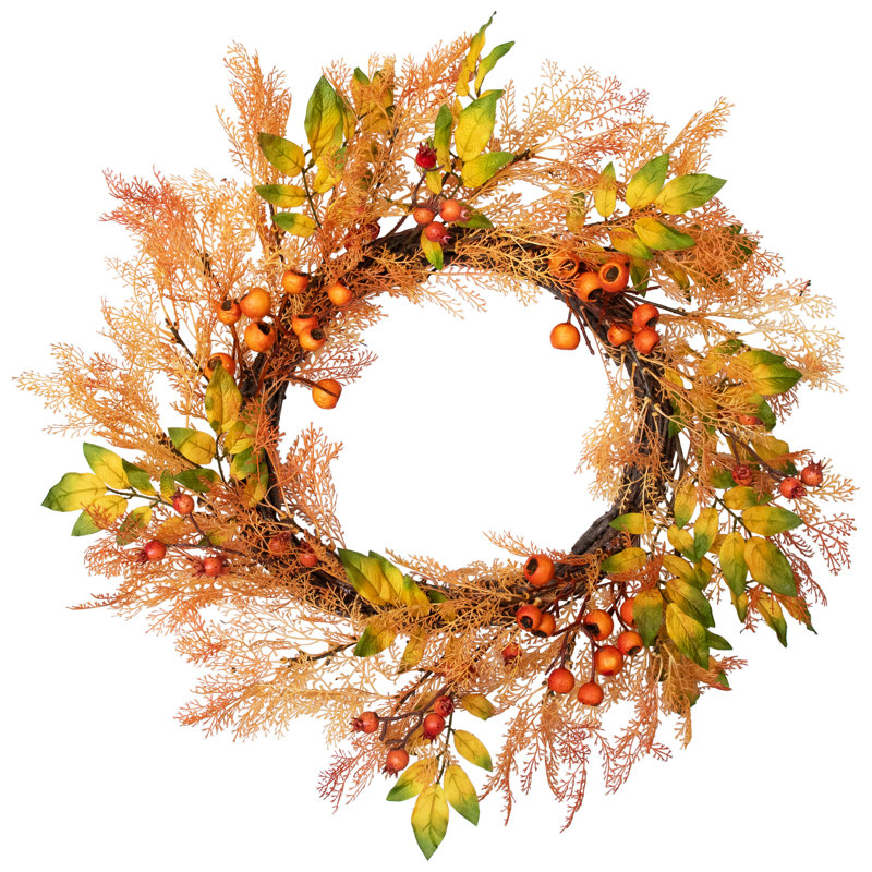 Couronne artificielle jaune et orange à baies et feuilles - récolte de 24 pouces non éclairée