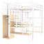 Lit mezzanine blanc avec escalier de rangement, bureau et tablettes avec bureau intégré et structure en métal