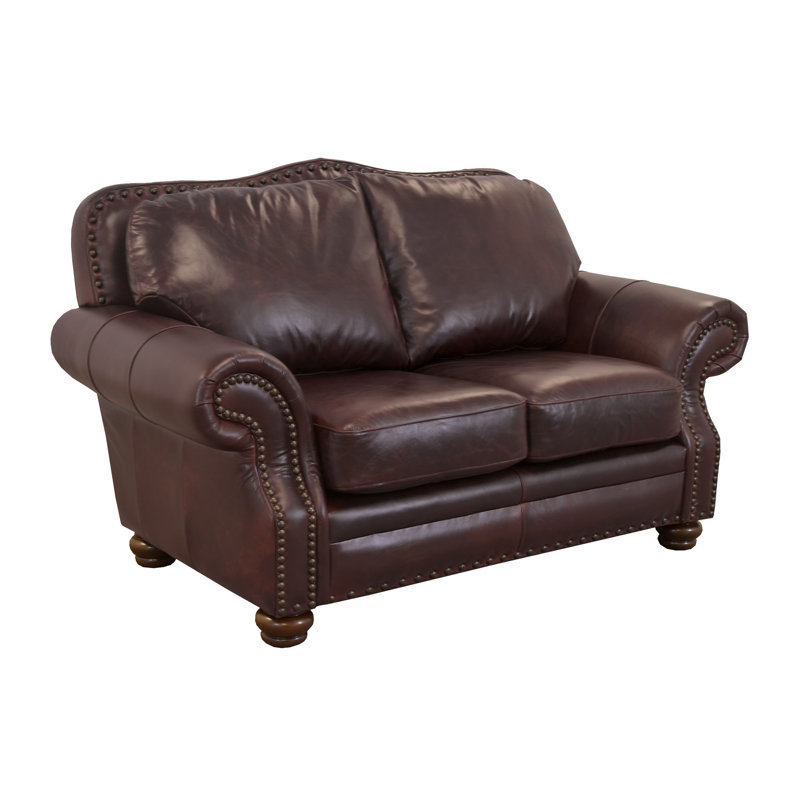 Somto 73" Genuine Leather Rolled Arm Loveseat, Berkshire Dark Brown Genuine Leather