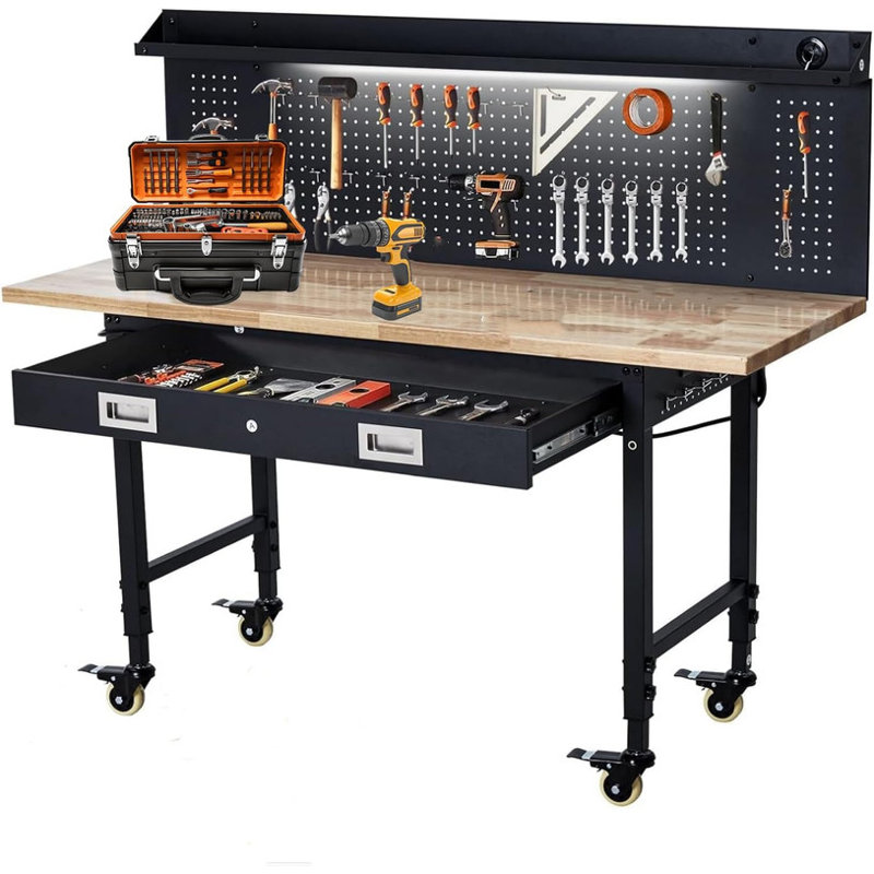 60"x22" Adjustable Rolling Workbench, Heavy Duty Work Bench with Power Outlets, Lights, Storage Drawer