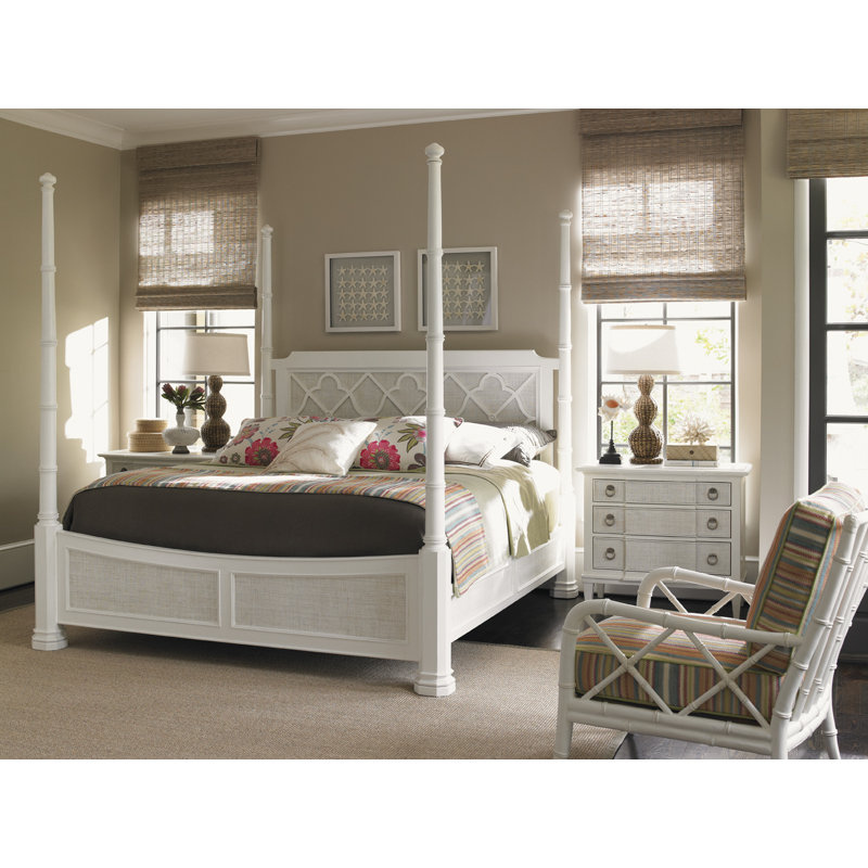White Wood Queen Poster Bed with Upholstered Headboard