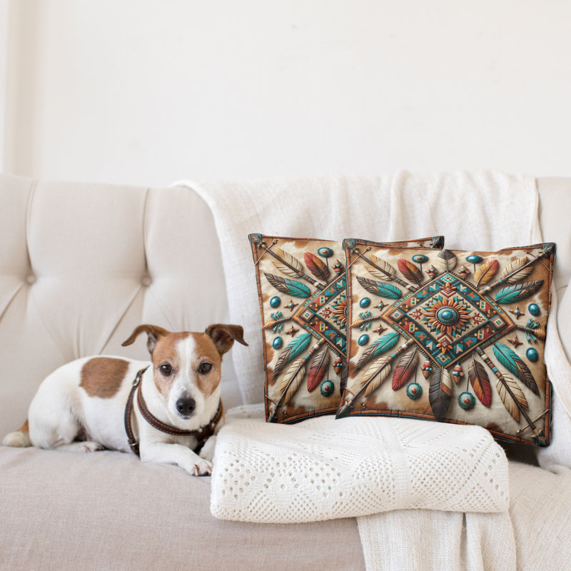 429808_Ambesonne Housse de coussin rustique 2Pack Southwestern Square Feathers, H 20 po x l 20 po