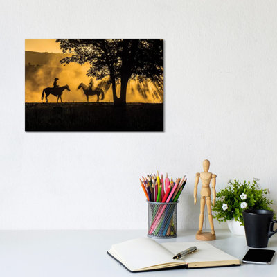 " Usa, California, Parkfield, V6 Ranch Silhouette Of Two Riders On Horseback. Early Dusty Morning. " by Ellen Clark