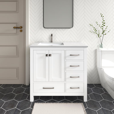 Meuble-lavabo autoportant 36 po Anvay en blanc mat avec comptoir en quartz de Carrare