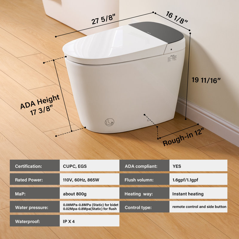 White Ceramic Elongated Smart Toilet with Heated Seat and Dryer